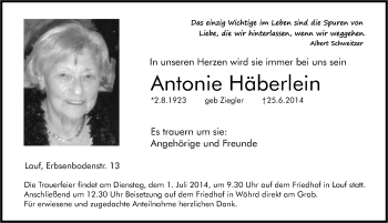 Traueranzeige von Antonie Haeberlein von Pegnitz-Zeitung
